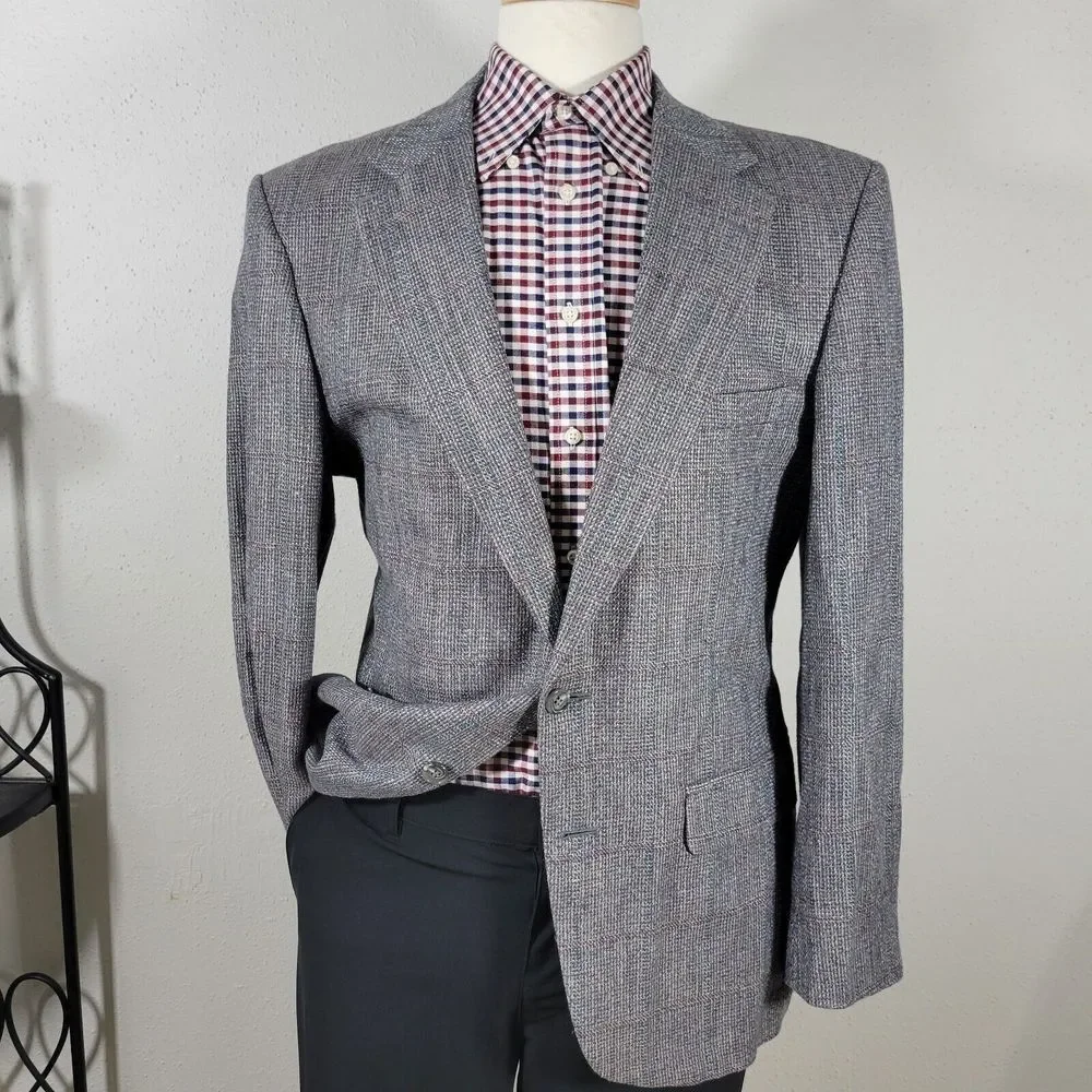 VTG Stafford Men's Tweed Sport Coat Blazer Two Button Gray Wool Plaid‎ 42R Slim